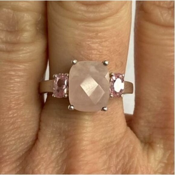 Sterling Silver 925 Thailand Faceted Prong Set Rose Quartz Pink CZ Ring Sz 5.75 - Picture 6 of 16
